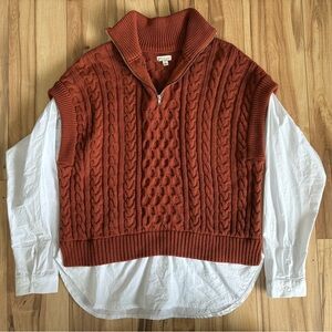 Anthropologie Pilcro Rust Chunky Cable-Knit Copper Twofer 1/4 Zip Sweater